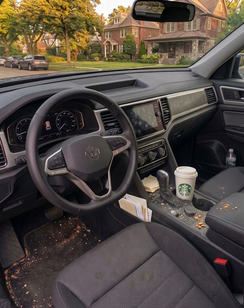 Messy car interior before Rev Up detailing, with trash and crumbs on the floor